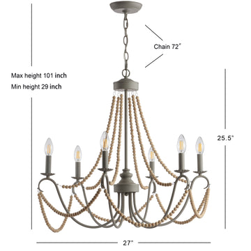 Rustica 27" Adjustable Greige Metal/Wood Bead LED Chandelier - JONATHAN Y